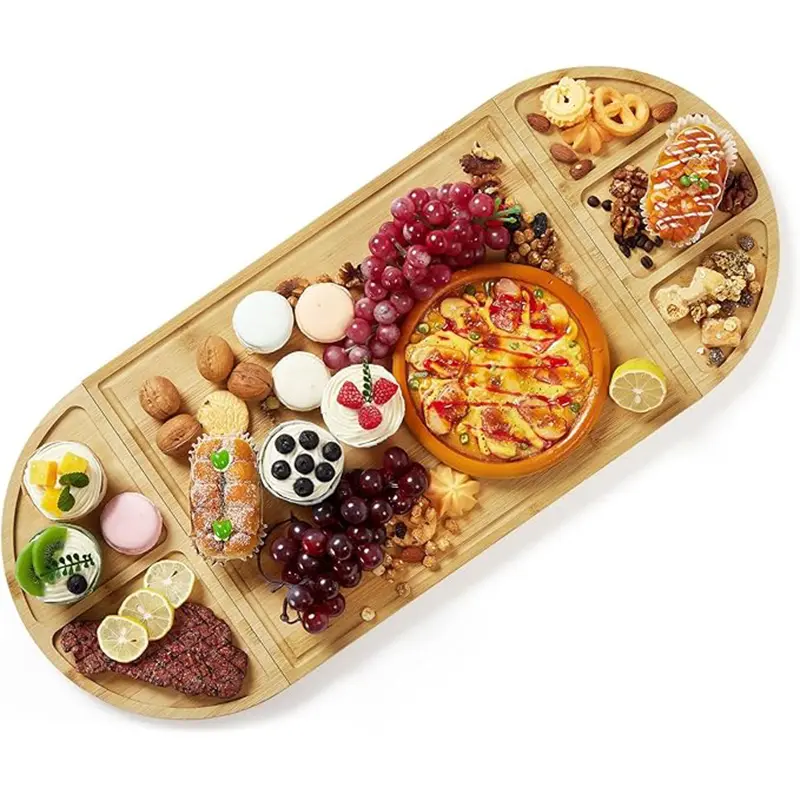 Cheese Board Set of 3 with Magnetic, Large Bamboo Serving Board Tray with 5 Built-in Compartments and Deep Juice Grooves, Cheese Platter for Kitchen, Party, Wedding