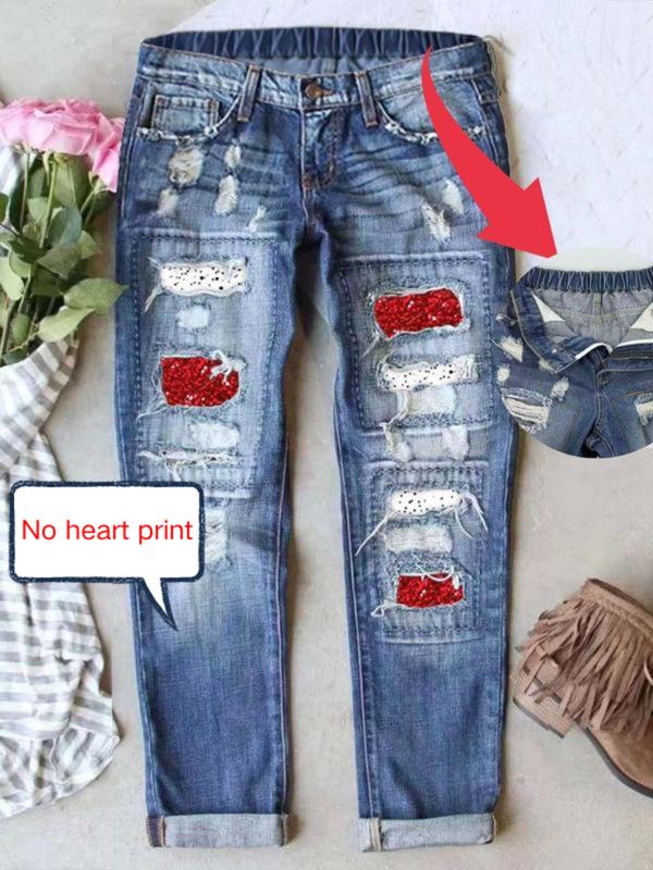 Women’s Ripped Patch Boyfriend Jeans with Multiple Cute Prints Loose Washed Denim Mid-Waist Elastic Waist Breathable & Comfy