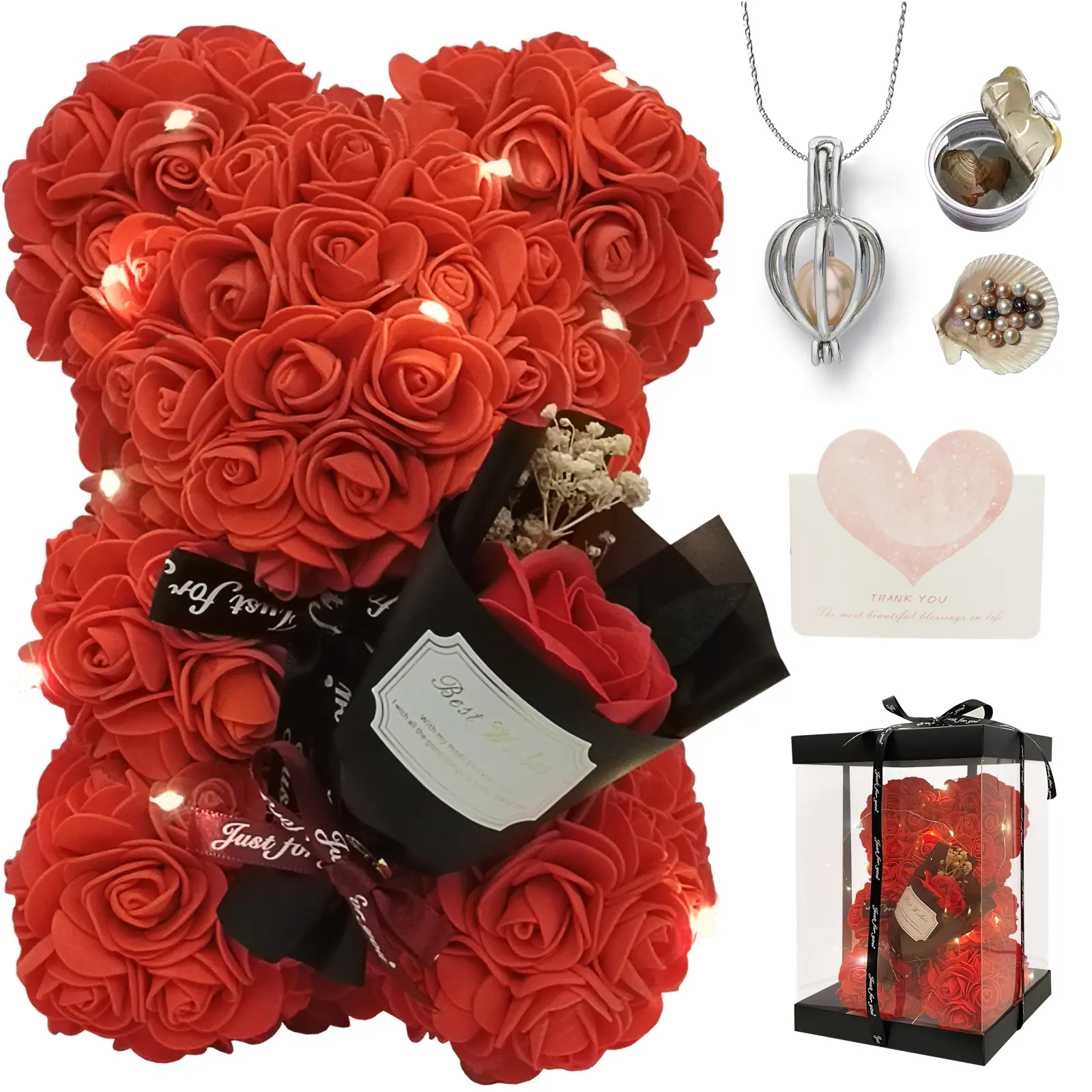 Mother's Day Gift For Her Artificial Flower Rose Teddy Bear With Preserved Flowers Bouquet And Blind Box Pearl Necklace Birthday Gift For Wife Girlfriend Mom Women Mothers Day Home Decor