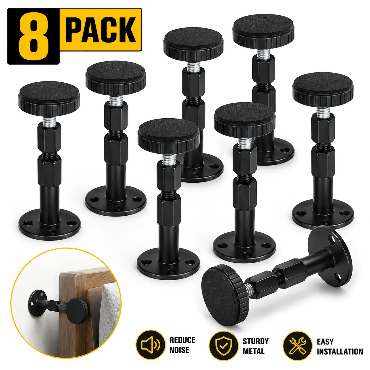 8-Stopper Set Adjustable Oxide-Treated Metal Threaded Headboard Stoppers, 27-90mm Zinc Alloy Anti-Shock Furniture Pads with Self-Tapping Screws for Bedroom Easy Installation, Black Home Wall Bumpers Bed Frame Protectors