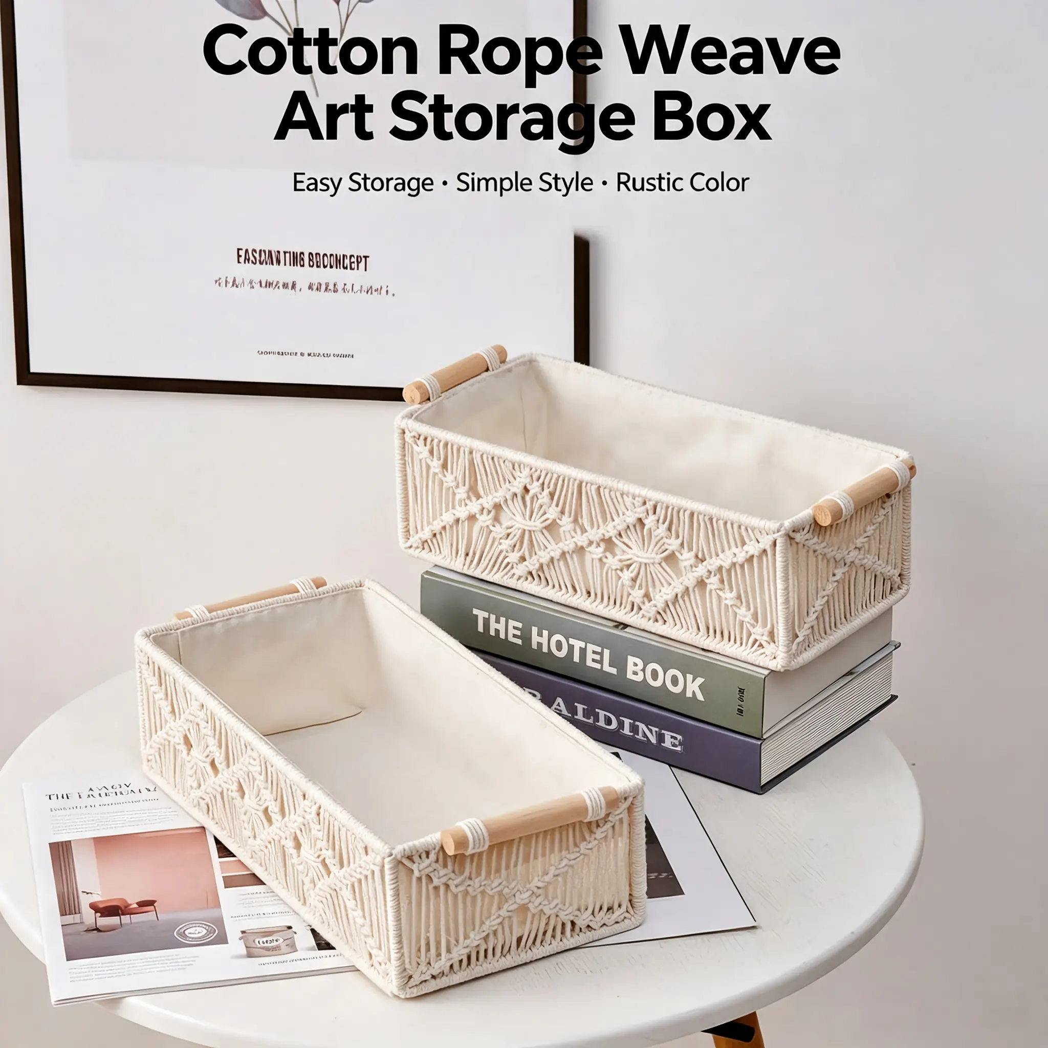 2 Eco-Friendly Rectangular Handmade Cotton Rope Woven Storage Baskets - Multi-Size (Small & Large) with Handles, Home Organizer, Desktop Storage for Cosmetics, Snacks