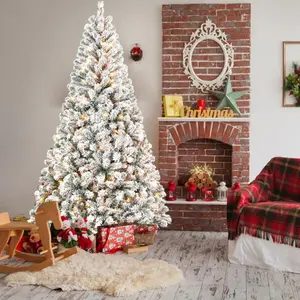 4ft-7ft Pre-Lit Flocked Christmas Tree, Multi-Size Snow-Covered Artificial Tree with Warm White Lights & Metal Stand
