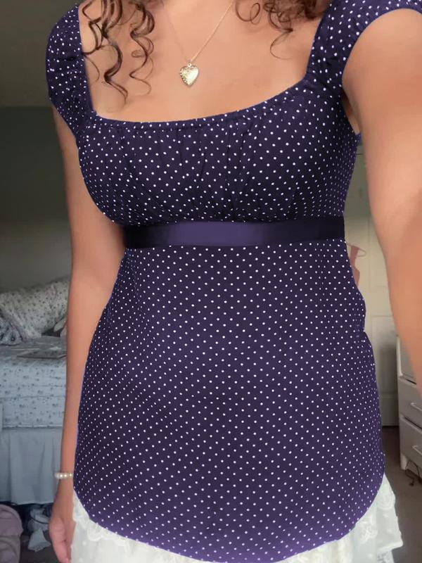 Polka Dot Square Neck Tie Top, French Vintage Style Slim Fit, Perfect for Daily and Dates, Women's Fashion