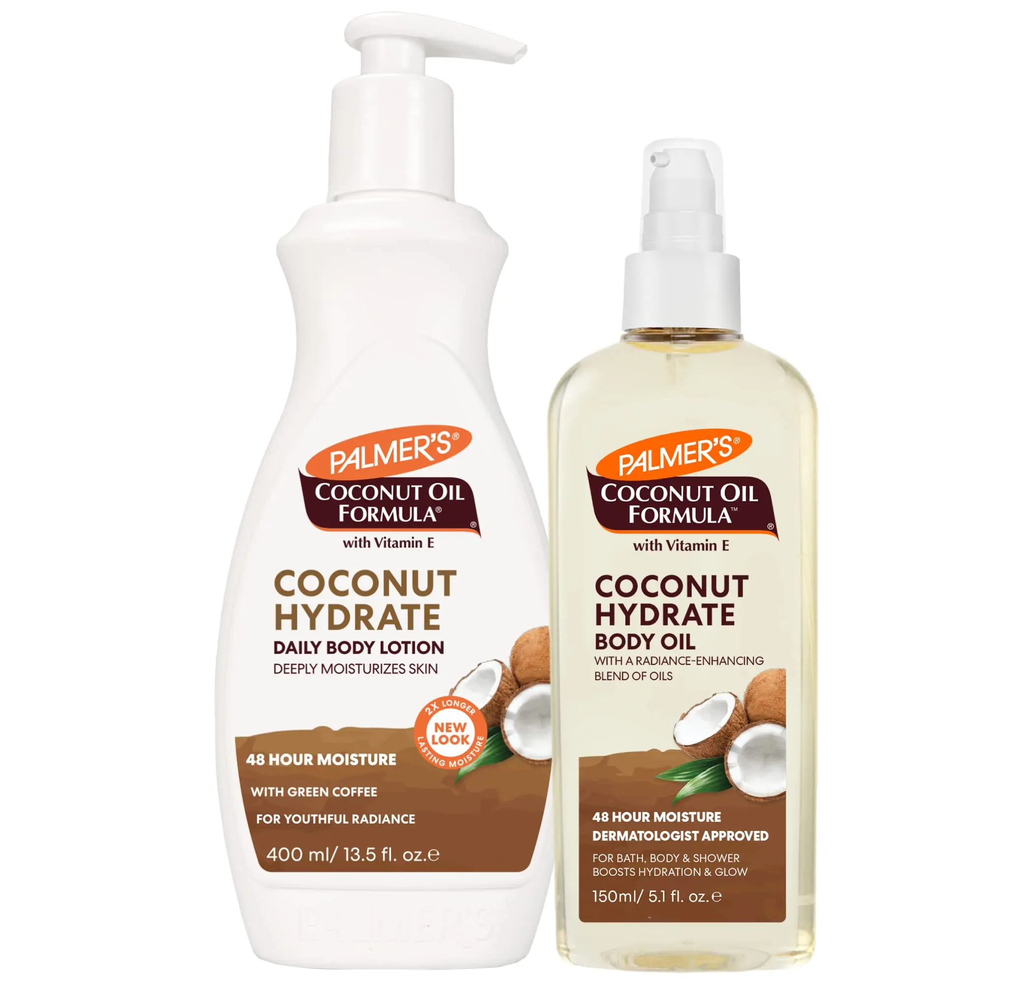 Palmer's Coconut Oil Body Oil + Body Lotion, Value Skin Care Bundle for Dry Skin, Provides 48 Hour Moisture to Dry, Rough Skin, Includes 1 Moisturizing Lotion (13.5 fl oz) and 1 Skin Oil (5.1 fl oz)