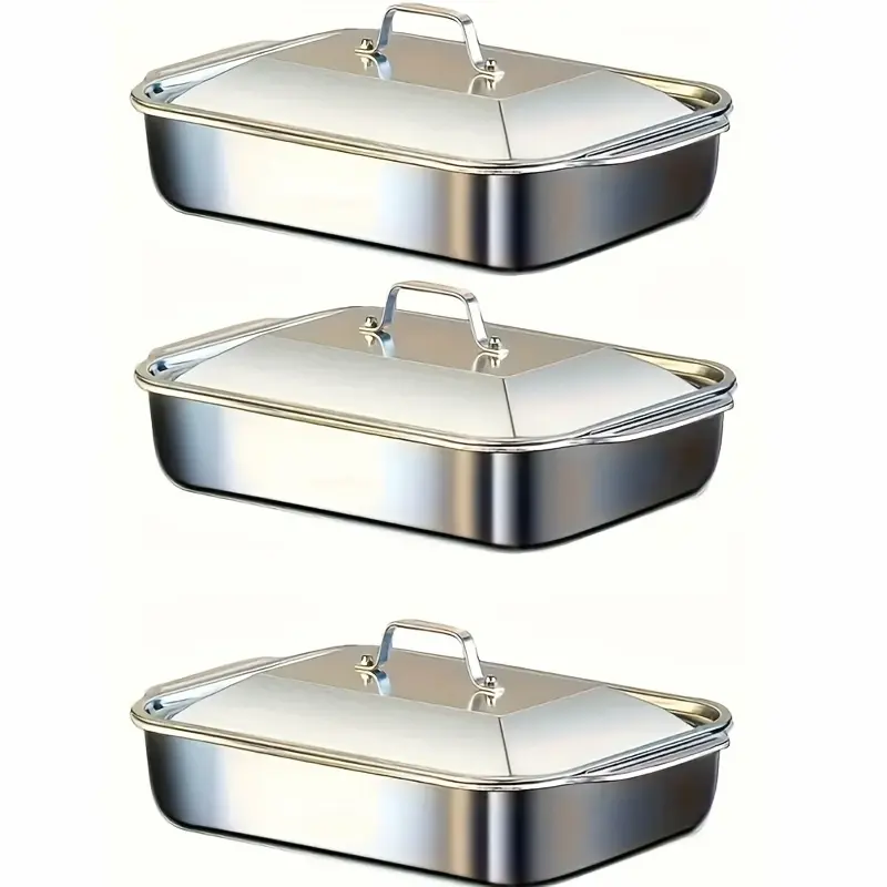 6pcs Set of 3 Stainless Steel Thickened Non-Stick Rectangular Baking Pans with Lids, BBQ Tools Suitable for Outdoor Self-Service Scenarios Without Power, Efficient Heat Conduction Design, Thin Stainless Steel Walls, Safe to Use
