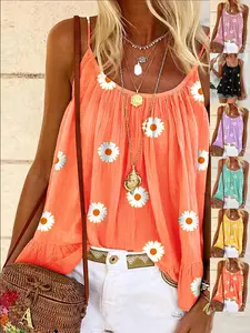 Women's Floral Print Sleeveless Tank Top, Breathable Lightweight, Middle Eastern Style Design, Thin Straps, Casual to Formal Wear, Loose-Fitting Minimalist Style