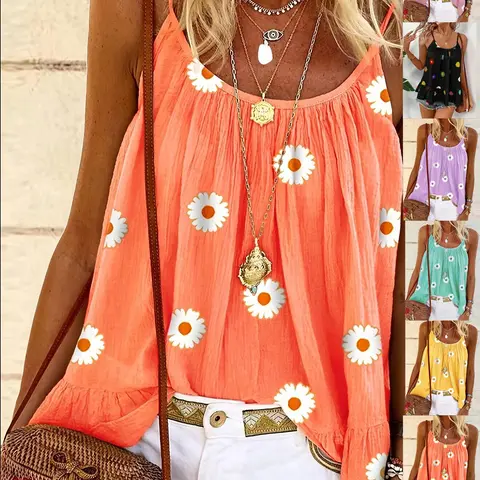 Women's Floral Print Sleeveless Tank Top, Breathable Lightweight, Middle Eastern and Bohemian Style Design, Thin Straps, Spaghetti Strap, Casual to Formal Wear, Loose-Fitting Minimalist Style, Boho, Floral Beach Tops
