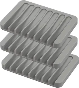 Self Draining Soap Dishes, 3 Pcs Silicone Soap Saver, Waterfall Drainer Soap Holder for Bathroom, Extend Soap Life, Keep Soap Bars Dry Clean & Easy Cleaning (Gray)