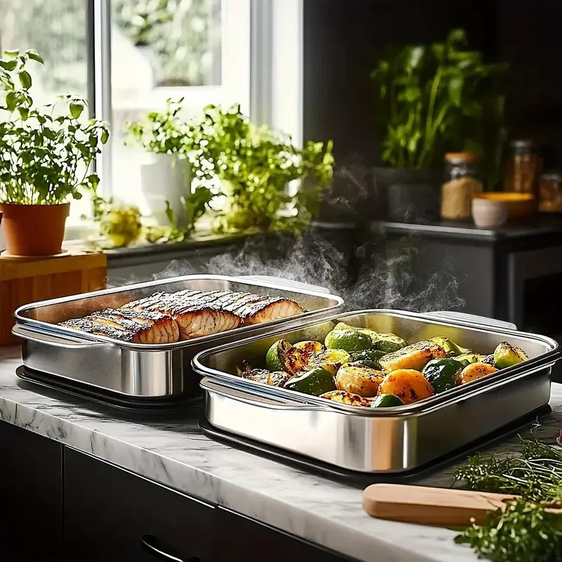 4-Pack 16x9x3in Extra Large Stainless Steel Baking Pans with Lids, Nonstick Rectangular Trays for Oven,Desserts,Grilling,BBQ,Seafood,Buffet,Vegetables,Fruits & Meat,Dishwasher Safe Kitchen Cookware for Commercia,Restaurant & Family Meals