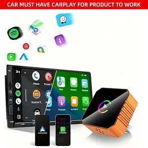 The new Yurnlv CarPlay 2026 wireless adapter in orange is compatible with iPhone/Android and features fast connection speeds, hands-free calling, electronic charging, and a compact orange design.