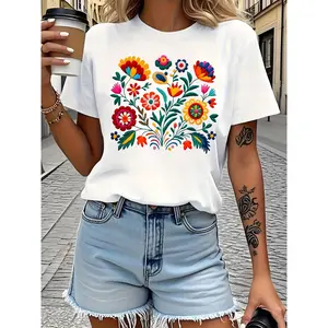 Floral butterfly pattern printed women's fashion T-shirt, soft and comfortable 100% pure cotton short sleeves, simple, fashionable, casual and elegant, young trendy women's clothing,