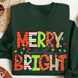 Merry and Bright Unisex Sweatshirt - Christmas T-Shirt for Women Comfy Womenswear Top Prints Lady Fabric Streetwear Check Embroidered Hoodie Sweaters