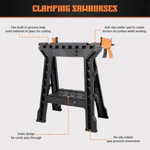 Folding Clamping Sawhorse Set of 2 – 2200LBS Heavy Duty Portable Work Support Stand with Integrated Bar Clamps  Power Strip Holder, Fully Assembled Saw Horses for Garage, Workshop, Woodworking & DIY Projects