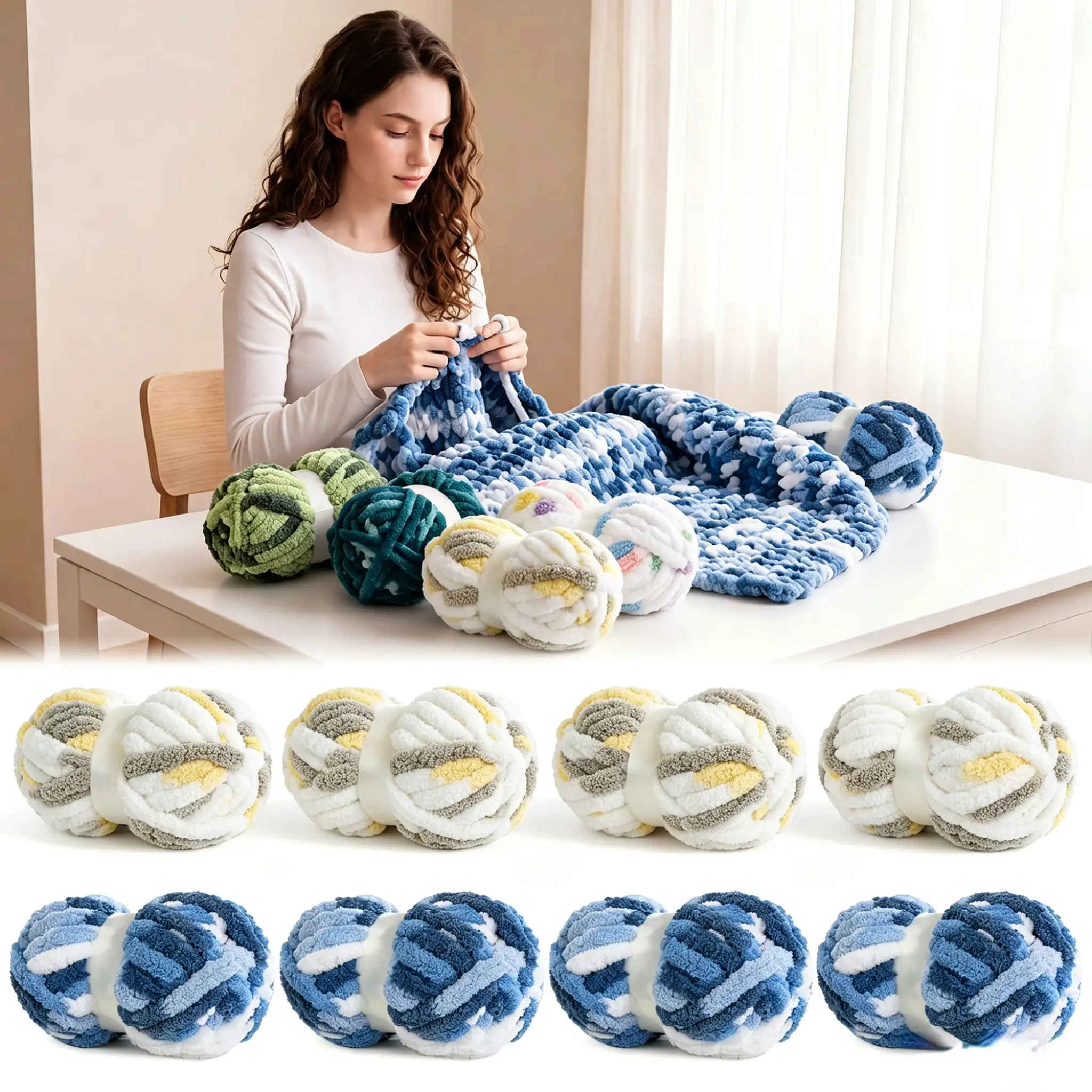 HOMBYS Multiple options available Tie Dye Chunky Chenille Yarn for hand knitting – 8 Pack Super Bulky Yarn for Crochet, Hand Knitting Blankets & DIY Crafts -- maker flowers mini craft gift