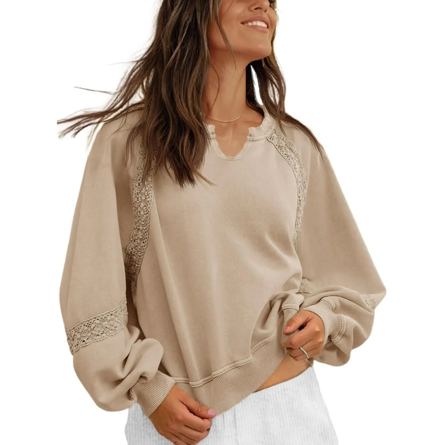 F#022 Fisoew Women's Chic Oversized Sweatshirt - V-Neck, Lace Lantern Long Sleeves, Cropped Loose Fit, Fall Pullover Top for Casual Ootd, Layering Outfits, Skirt Pairing (Premium Fabric), Outfit Inspiration, Baggy Women's Pullover Sweatshirts