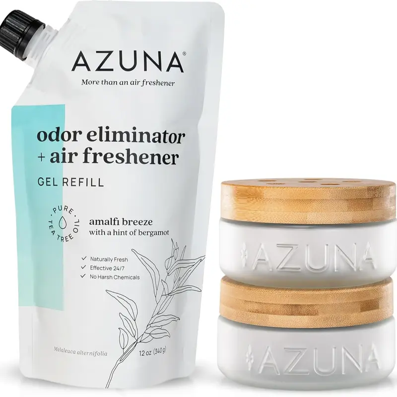 Azuna Air Freshener &  Odor Eliminator 2 Empty Luxe Glass Jars & Refill Tea Tree Essential Oil Gel