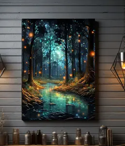 Illuminated Forest Fireflies Wall Art, Mystical Painting Art, Magical Forest Canvas, Mystical Forest Wall Art, Mystical Art, Fantasy Art