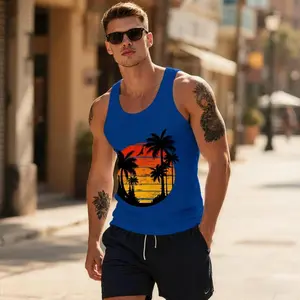 Men's Retro Sunset Palm Tree Tank Top | Vintage 80s Beach Sleeveless Shirt for Summer Streetwear