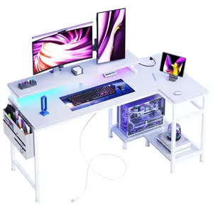 Sweetcrispy L-Shaped Gaming Desk with USB Charging Ports LED Lights & Power Outlets Reversible Design for Corner Space with Storage Shelves & Monitor Stand