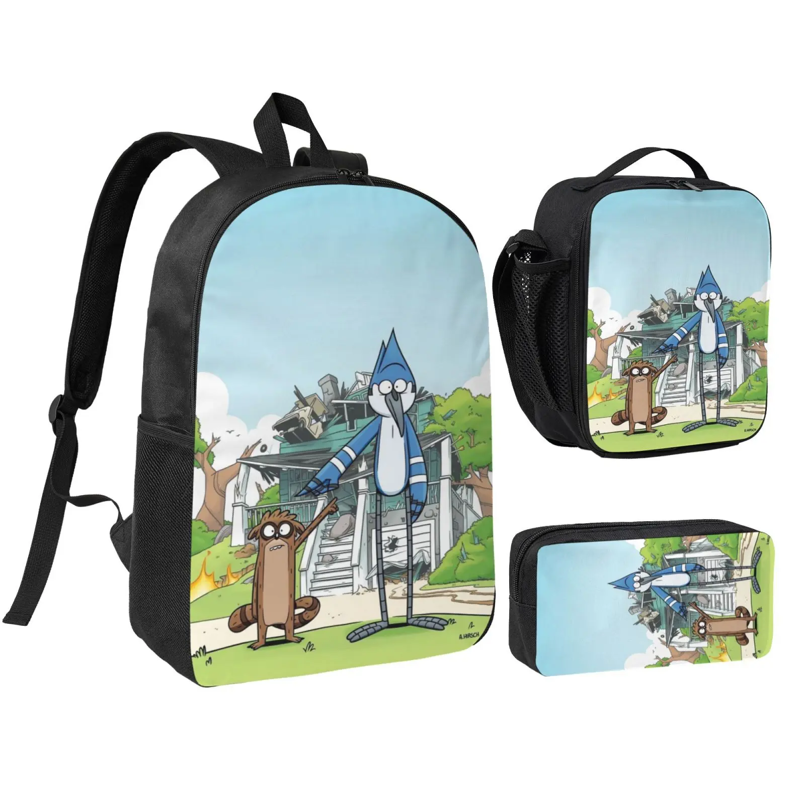 Regular Show 3-Piece Backpack Set for Teens, Water-Resistant Matching Set with Insulated Lunch Box and Pencil Case for Daily Commute, Girls, School, Kids, Backpacks For School, Boys