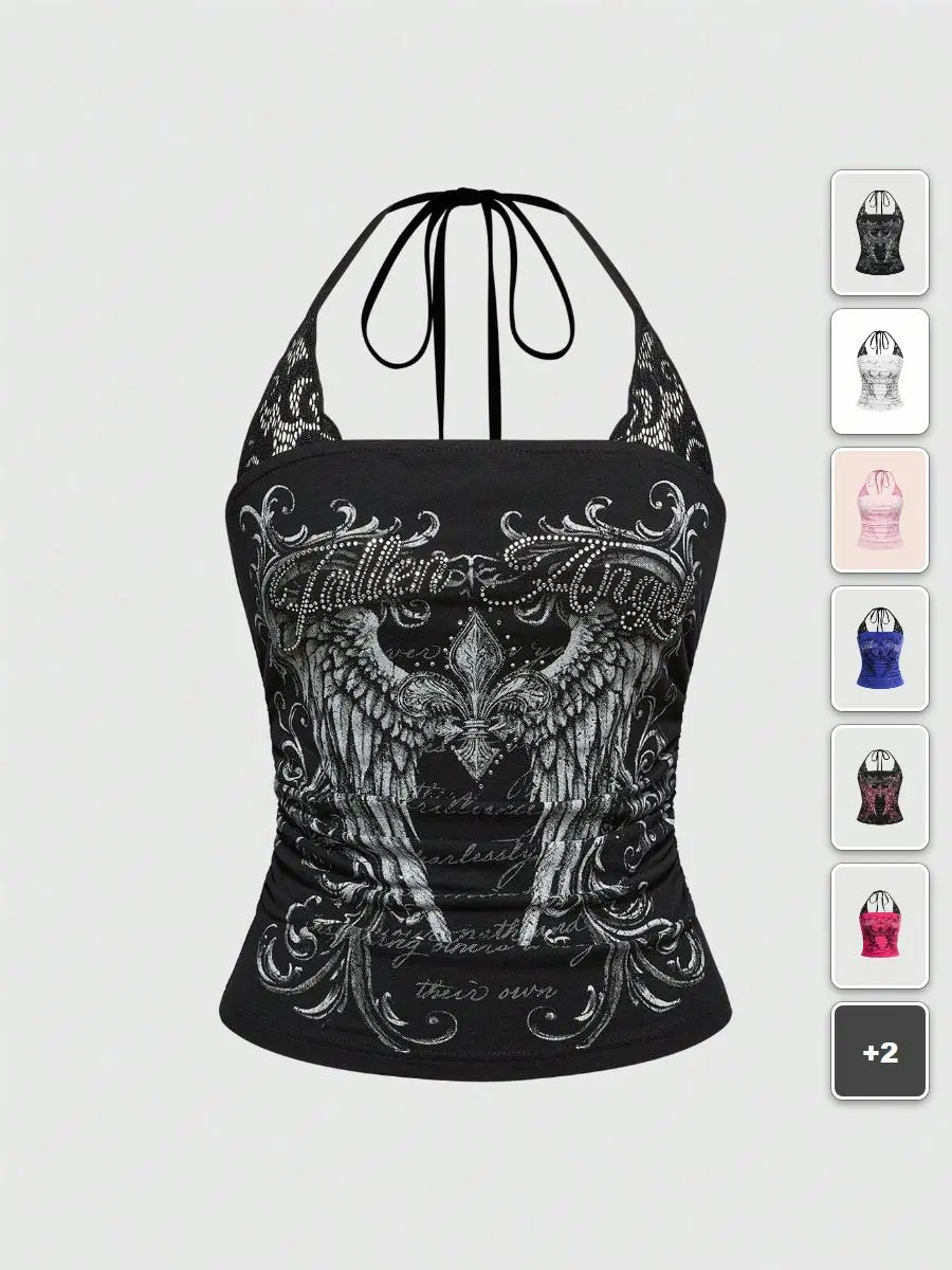 LACEX 2 In 1 Halter Top Y2K Concert Punk Print Contrast Lace Going Out Top