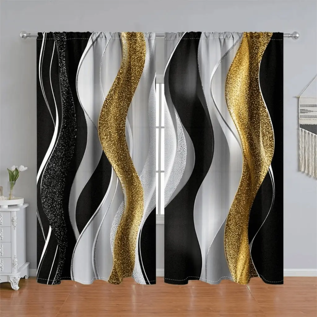 2Pcs Abstract Gold Glitter Wave Pattern Curtains, Home Decorative Curtain, Window Drapes, Black White Splicing Design, Rod Pocket Style, Semi Sunshade Polyester Fiber Window Treatment for Home Living Room Bedroom Balcony Kitchen Study Decoration