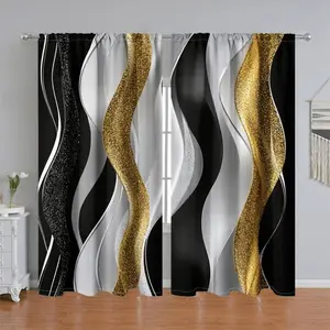 2Pcs Abstract Gold Glitter Wave Pattern Curtains, Modern Black White Splicing Design, Rod Pocket Style, Semi Sunshade Polyester Fiber Window Treatment for Home Living Room Bedroom Balcony Kitchen Study Shower Decoration, Accessory, Anti