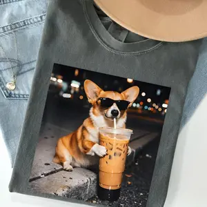Comfort Colors Funny Corgi Drinking Iced Coffee T-shirt, Vintage Corgi Dog Shirt, Corgi Mom Gift, Corgi Dad Unisex Tee, Dog Lover Shirt