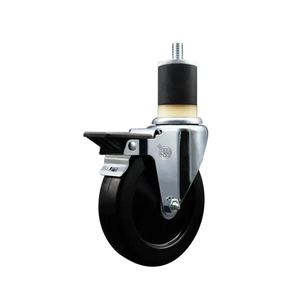 Service Caster SCC-EX20S514-HRS-PLB-178 Adjustable Expanding Stem Swivel Casters, Posi Locking Brake, 5x1.25 in Black Metal Wheel, 1.87 in Stem, Smooth Sliding, 300 lbs Capacity, Default 5"h-5"w-5"l, for Shop Projects, Work Tables