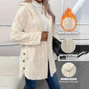 ChicMe Argyle Textured Button Down Side Slit Long Sleeve Fleece Teddy Coat Hooded Jacket Warm Outwear