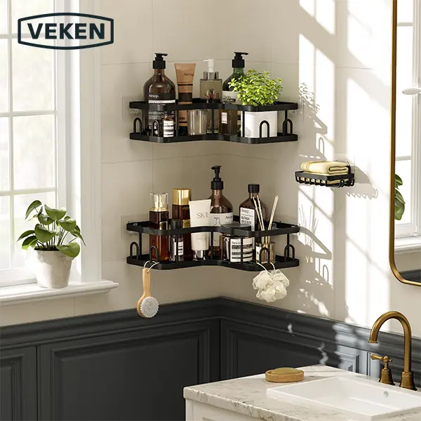 【Veken】 Corner Adhesive Shower Caddy 3-Pack with Soap Holder&Hooks