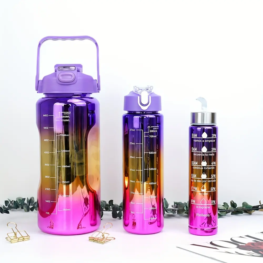 Set of 3 Leakproof Sports Water Bottles with Easy-Sip Straw & Hydration Tracking - Perfect for Running & Camping