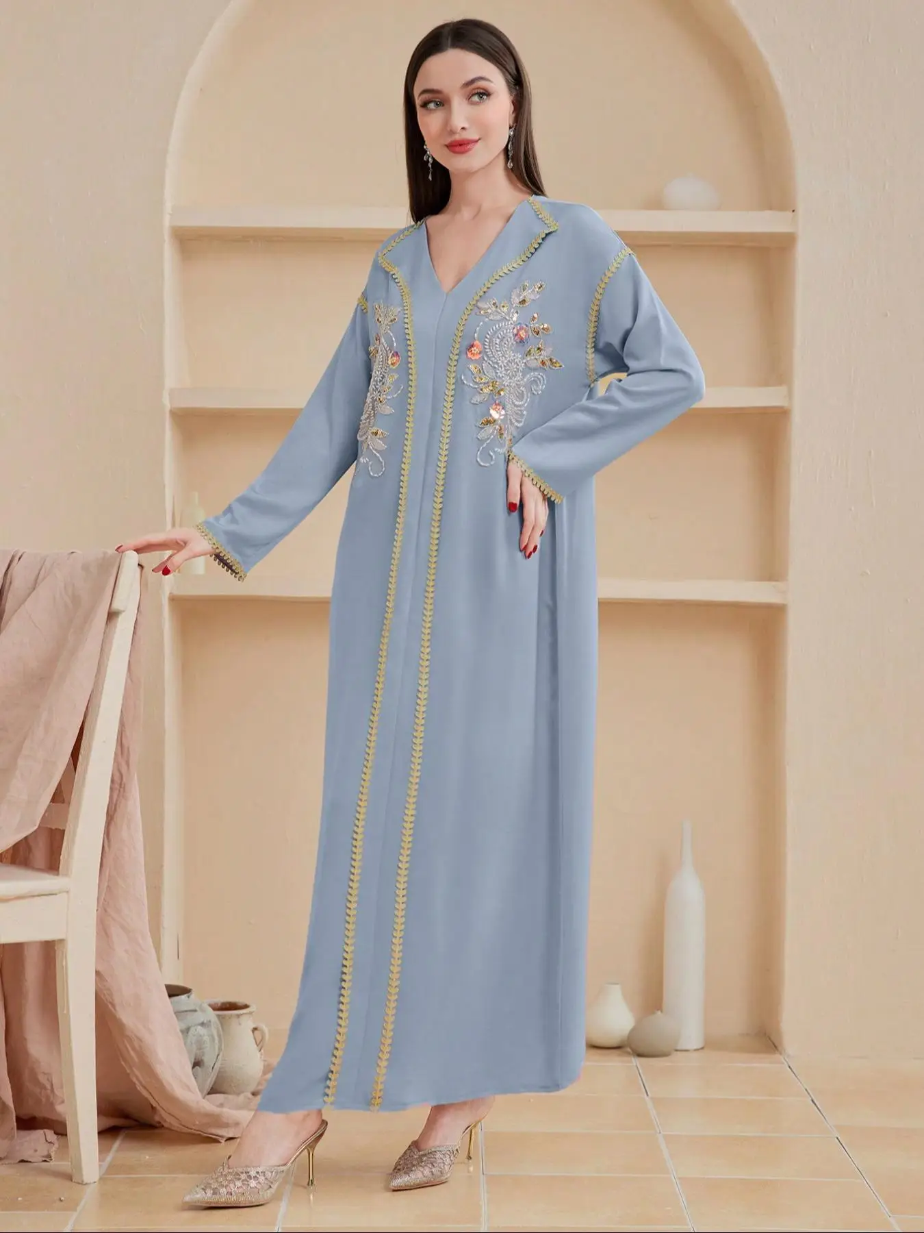 Women's Embroidery Long Sleeve Dress, Elegant Arabic Clothing, Modest Long Dress for Women, Women's Islamic Clothing for All Seasons