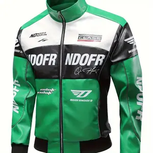 Men's PU Leather Racing Style Zip-up Jacket - Green and Black Color-block, Stand Collar and "HOOD FRENDS" Pattern Print, Casual Streetwear, Casual Clothing, Daily Jacket | Modern Casual Jacket | Smooth Leather Jacket