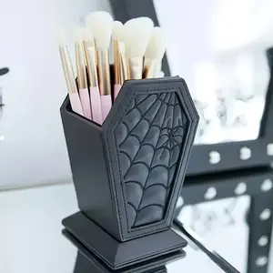 3D Printed Unique Gothic Coffin-Shaped Spider Web Makeup Brush Holder, Lightweight Plastic Desktop Organizer for Vanity or Office Decor, Makeup Organizer Box