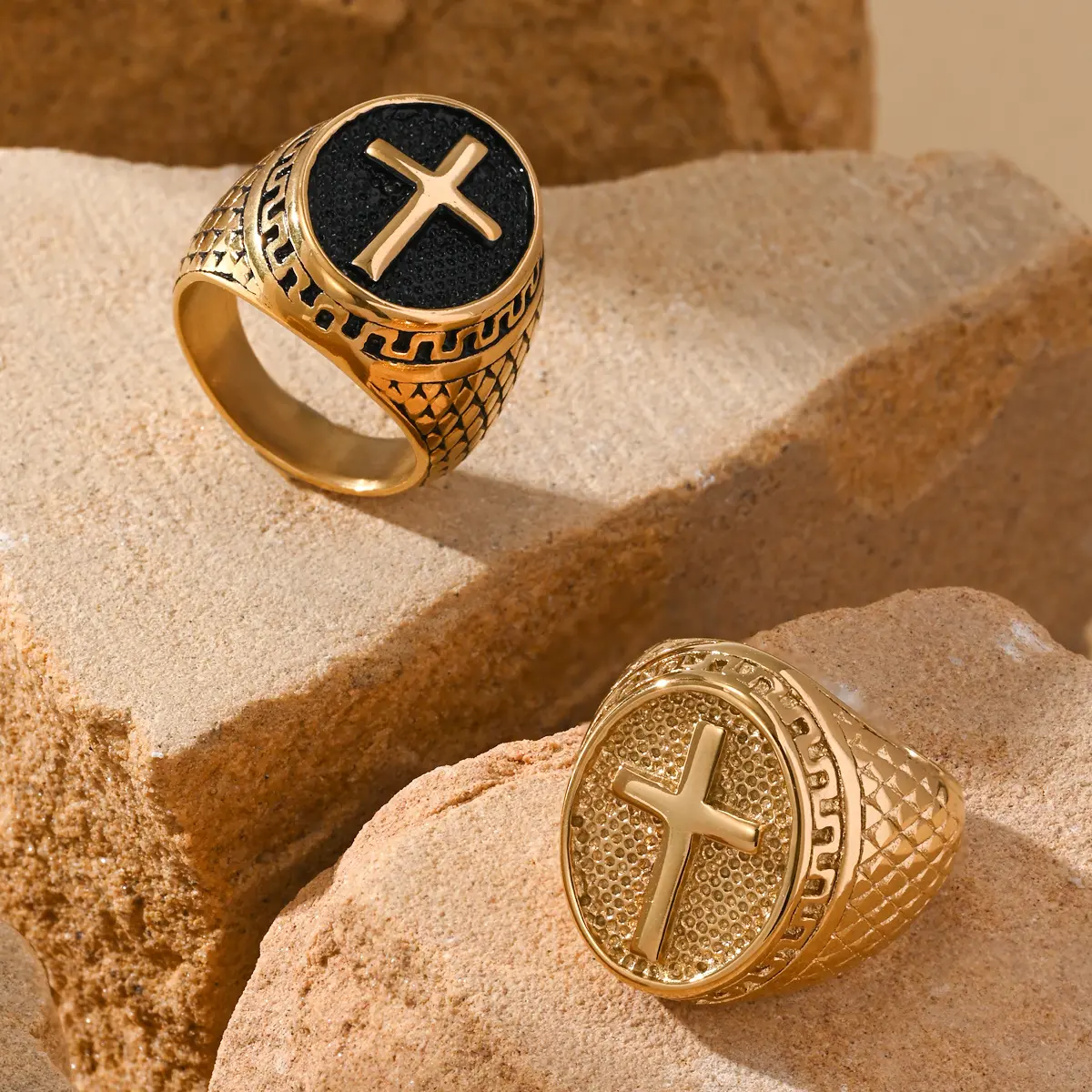 Men's Fashion Business-Style Oval Stainless Steel Ring, Ornate Cross Pattern Geometric Ring, Men's Accessories for Daily Wear, Holiday Gift, Geometric Rings