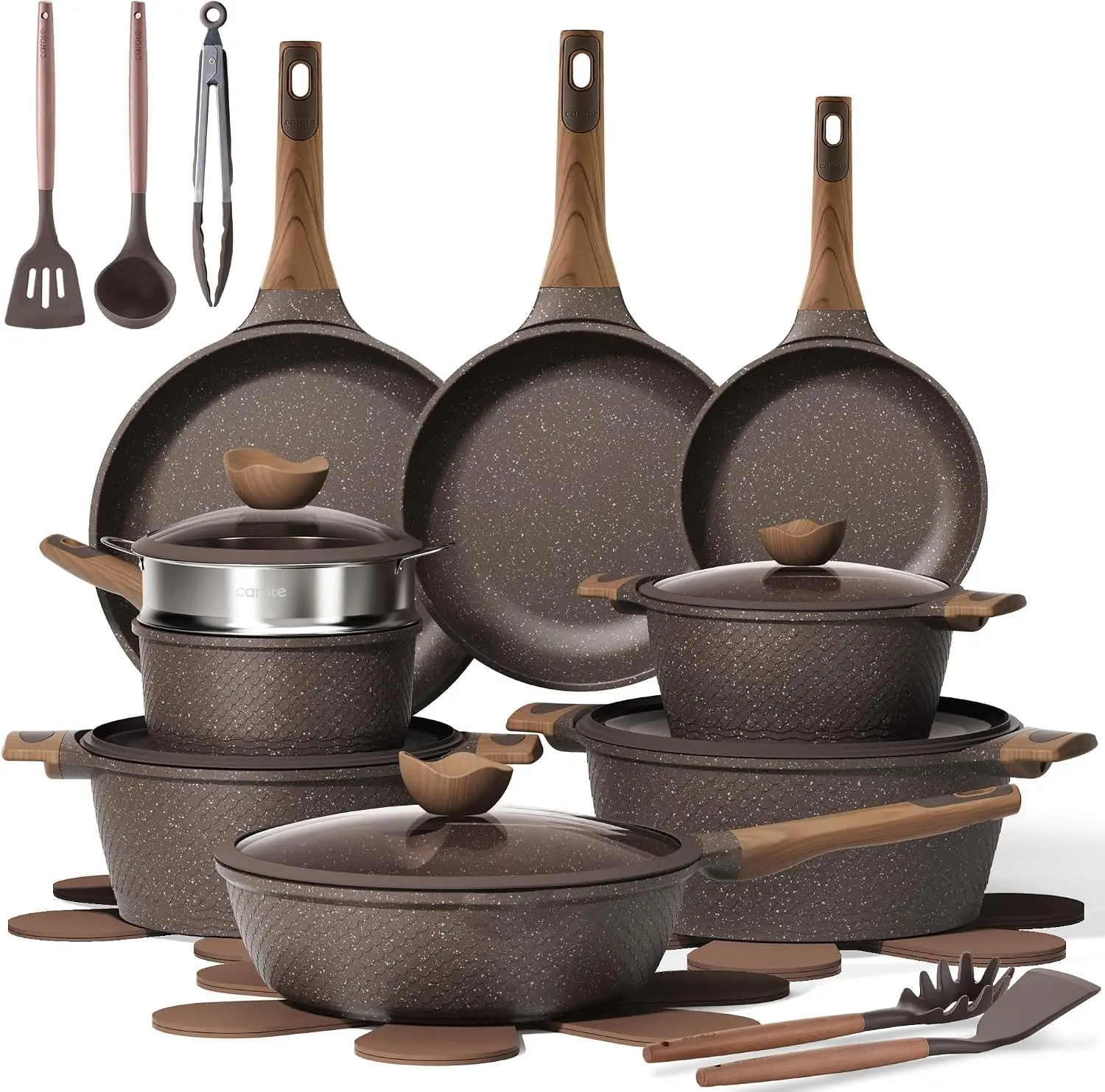 26-Piece Nonstick Cookware Set - Stylish Kitchen Collection with Frying Pans, Glass Lids, Saucepan, and Silicone Accessories