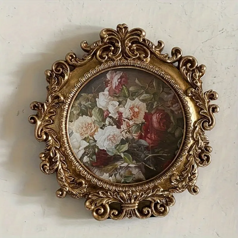 4x4-inch vintage-style round carved photo frame Unique nostalgic palace design Elegant antique frame with glass panel Photo display stand Suitable for desktop/wall decoration Creative gift idea Holiday gift