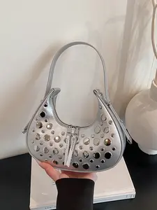 Women's Metallic Silver Color Hobo Bag, Fashionable Studded Design, Ideal for Parties & Everyday Carry, Stylish Crossbody Option