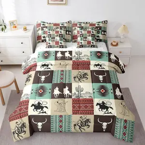 Western Bed in A Bag,7 Pieces Cowboy Comforter Set,Boho Aztec Bedding Sets,with Comforter,Pillowcases,Flat Sheet,Fitted Sheet and Cushion Cover