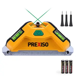 #fathersdaygift PREXISO Square Laser-65Ft Green Beam Floor Tile Laser Level, Tile Laser Line Projection, Angle 90 degree Aluminum Base Magnetic Level Square Built-In 2 Bubble Vials-With 3 Mounting Pins 3AA Batteries