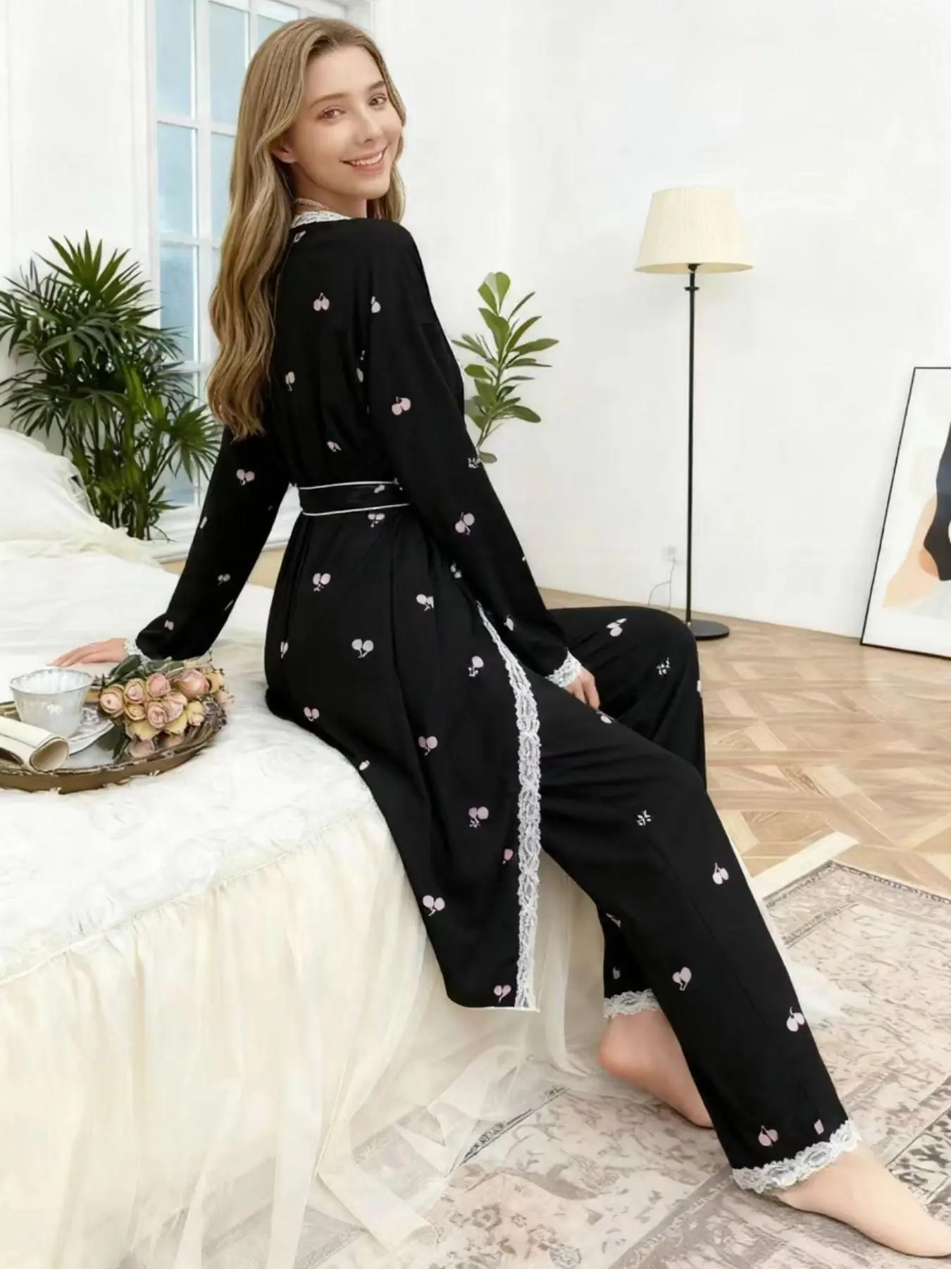 Women's 3-Piece Comfortable Longsleeve Pajama Set - Pink and Black Cherry Print, Lacy Lace-Trim Robe with Belt
