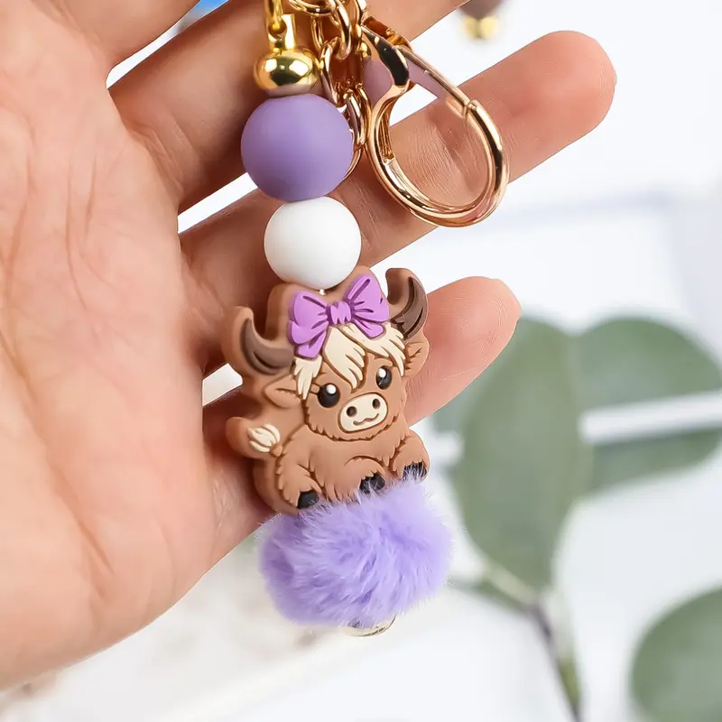 Boho Style Macaron Colors Mini Beaded Keychain, Highland Cow & Floral Pattern, Cute Farmhouse Design, Girly Keychain, Perfect Gift for Friends and Family