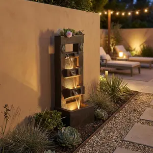 40.9" H 4-Tier Modern Water Fountain with LED Lights & Pump for Garden Patio Porch Yard Outdoor Decor Brown Weather Resistant Resin
