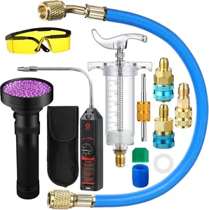 AC Leak Detector Kit R1234yf R134a R410a Hand Push Compressor 1oz/30ml AC Oil UV Dye Injector Kit Refrigerant Leak Detector Tool Low Side Quick Coupler Mini Split Adapter Flashlight