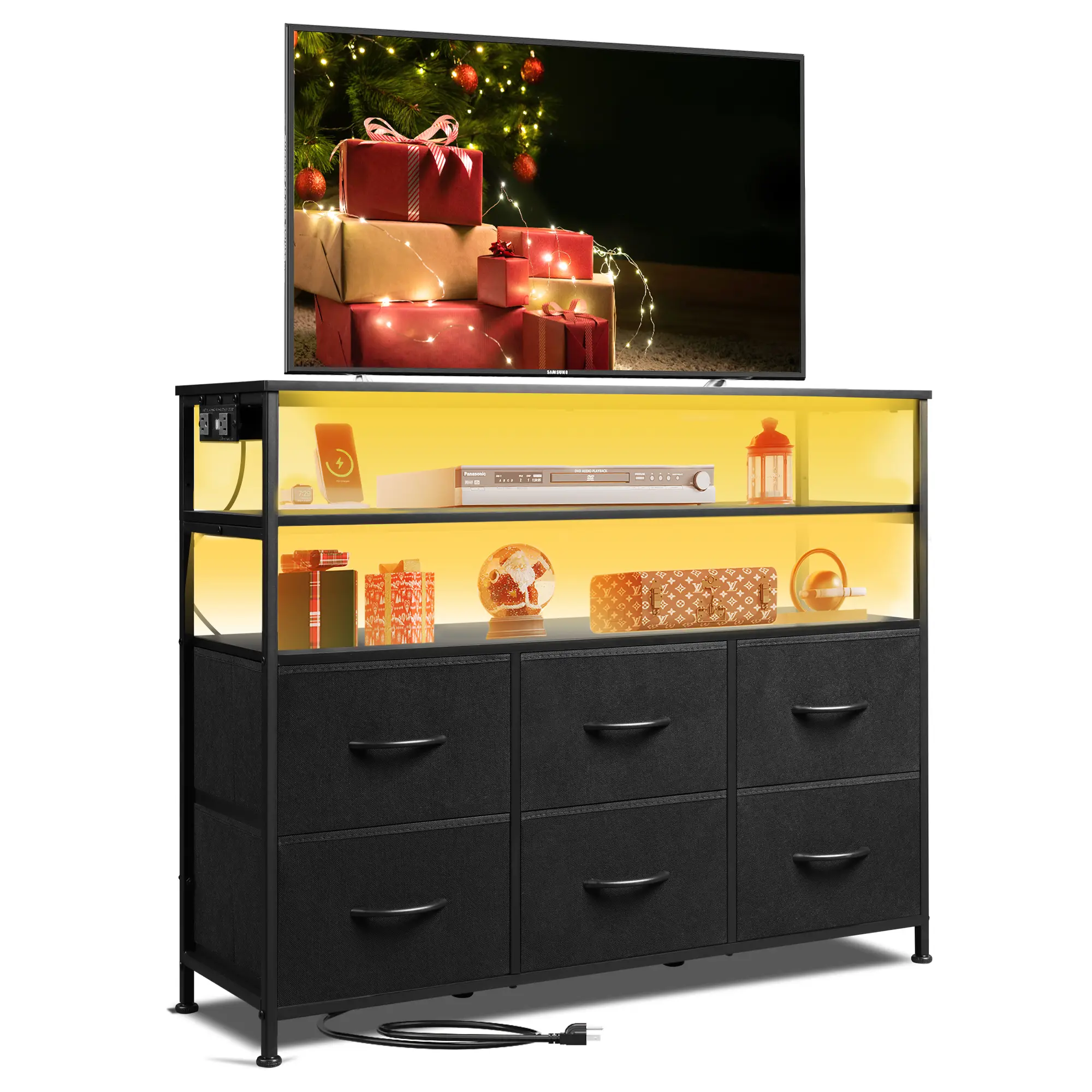 WLIVE Led Dresser for Bedroom, Black Dresser TV Stand for Bedroom with LED Lights and Power Outlet, Wide Chest of Drawers with Open Shelves for Entryw