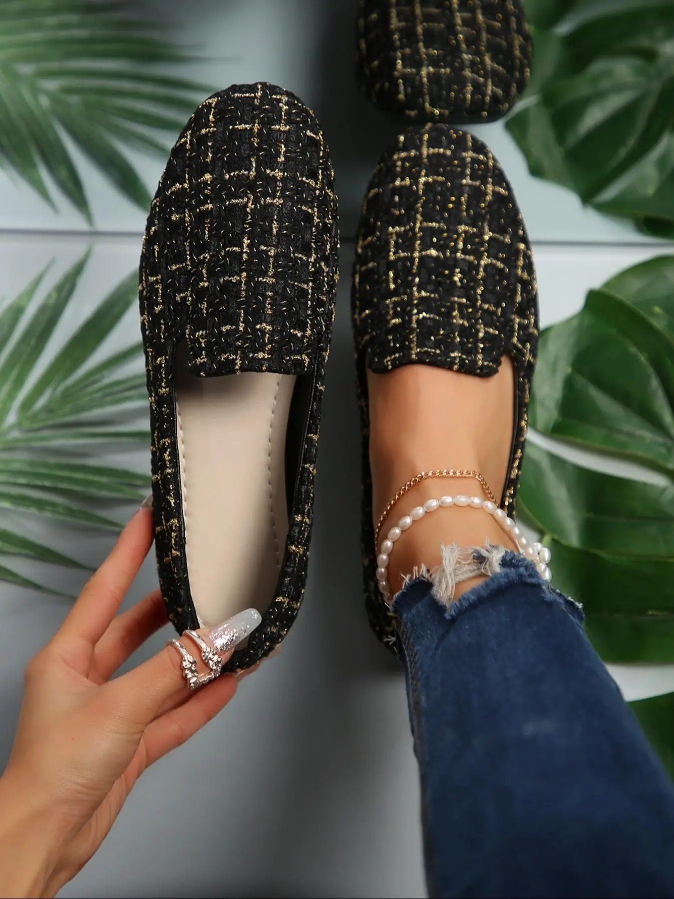 Women's Fashionable Plaid Pattern Tweed Design Slip on Flats, Casual Comfortable Round Toe Flat Shoes for Daily Wear, Lightweight Breathable Shoes for