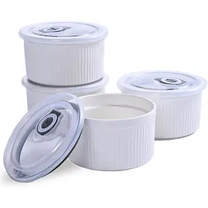 14 oz Ceramic Ramekins with Lids, Set of 4 Oven Safe Porcelain Creme Brulee Ramekins for Baking, Souffle, Pudding, Dessert, Dip, Leftovers & Food Storage, (White)