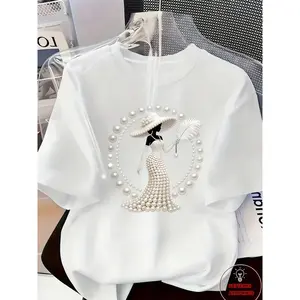 Pearl Beaded Lady In Hat Graphic Tee Womens Elegant Fashion T Shirt Soft Crewneck Short Sleeve Casual Chic Streetwear Going Out Outfit Top