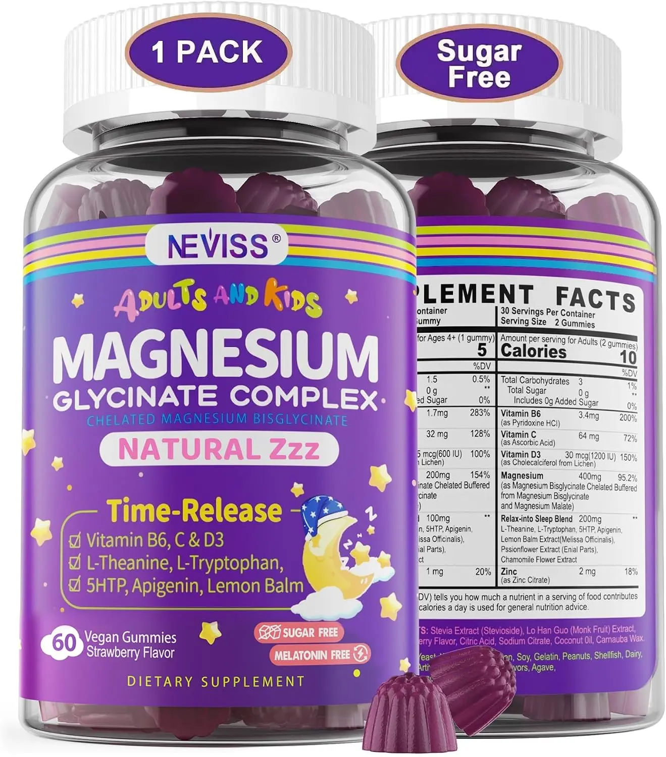 Magnesium Glycinate Gummies - Sugar-Free High-Potency Bisglycinate Supplement for Adults & Kids 4+, with B6, D3 & L-Theanine for Sleep & Muscle Support